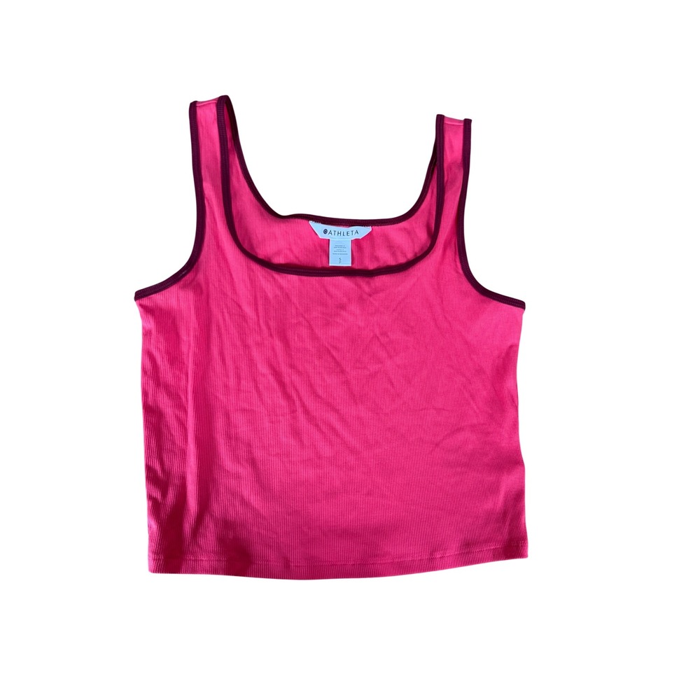 Athleta Pink Ribbed Square Neck Tank Top Burgundy Trim Small